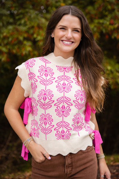 Pink Flower Sweater Vest- Women's Side Bow Sweater Vest- &Merci Sweaters