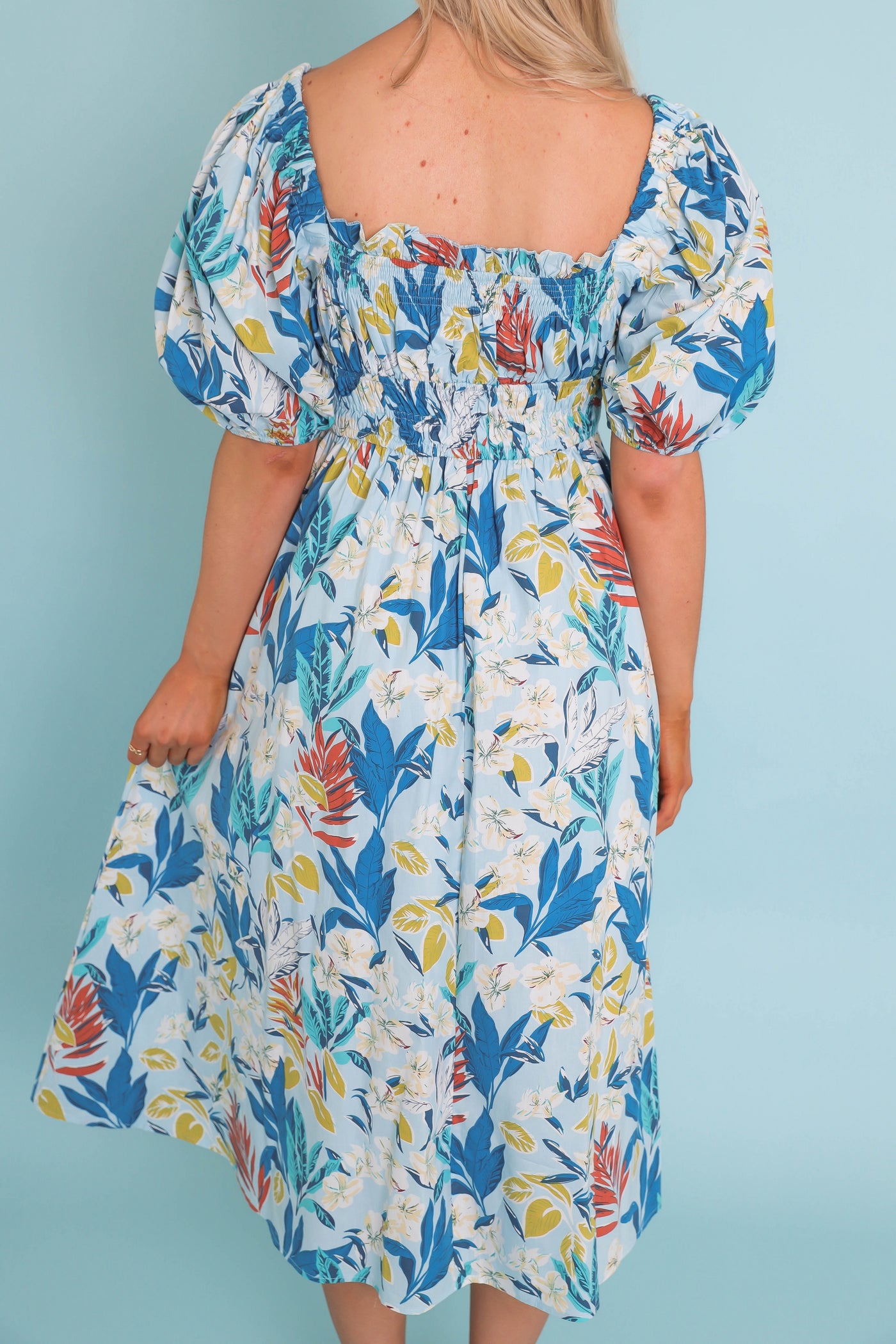 Women's Tropical Print Midi Dress- Women's Puff Sleeve Midi Dress- &Merci Printed Dresses