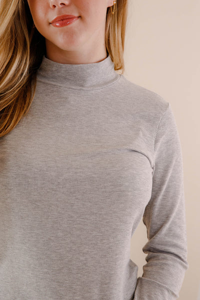 Women's Grey Ribbed Top- Women's Layering Tops- Mittoshop Mock Neck Top