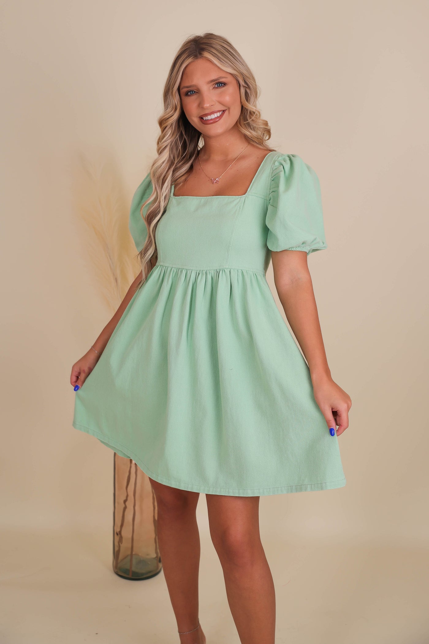 Women's Washed Denim Dress- Green Denim Dress- Mittoshop Denim Dress