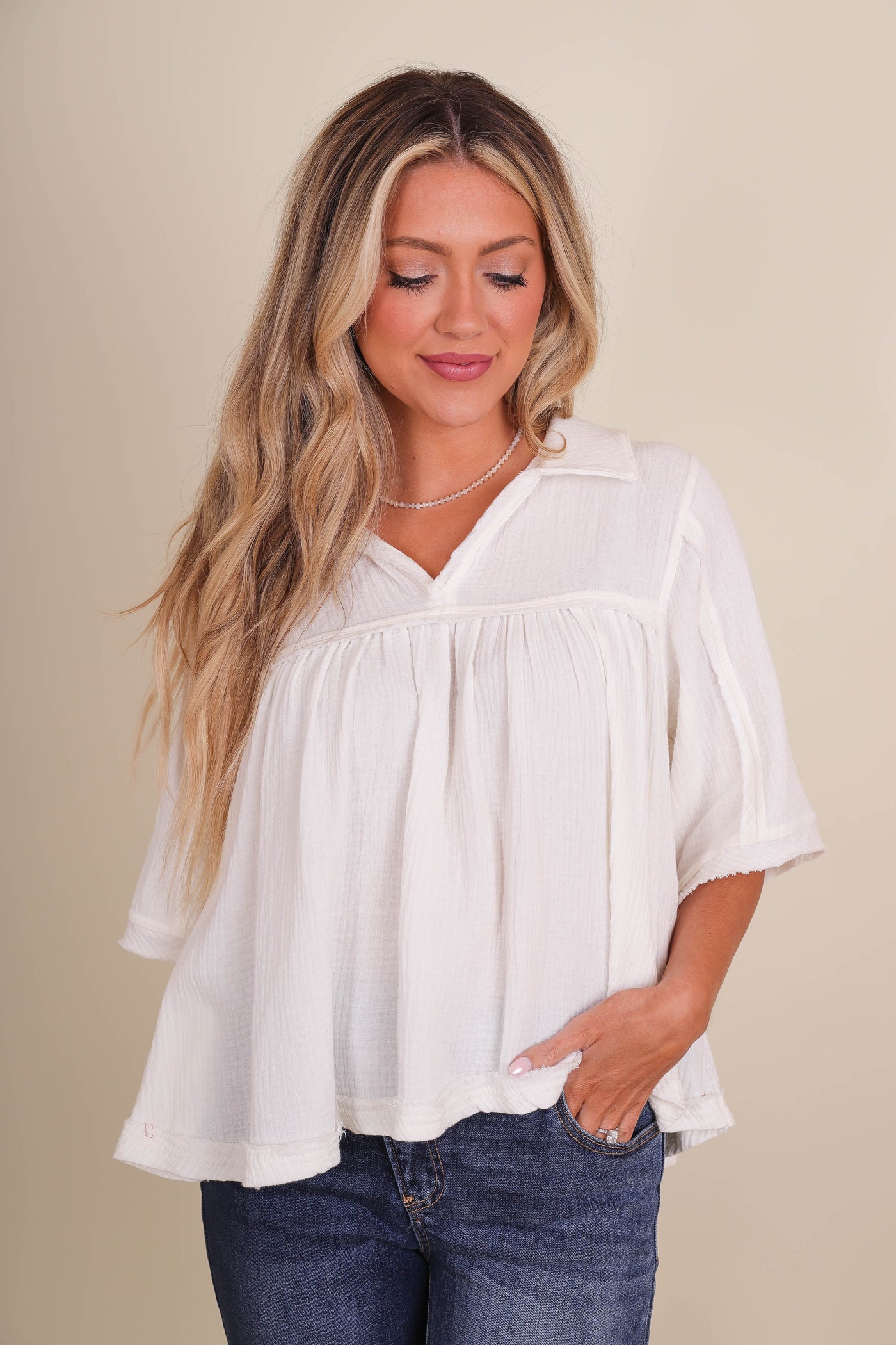 Women's White Cotton Top- Women's Relaxed Cotton Blouse- FreePeople Dupe Top