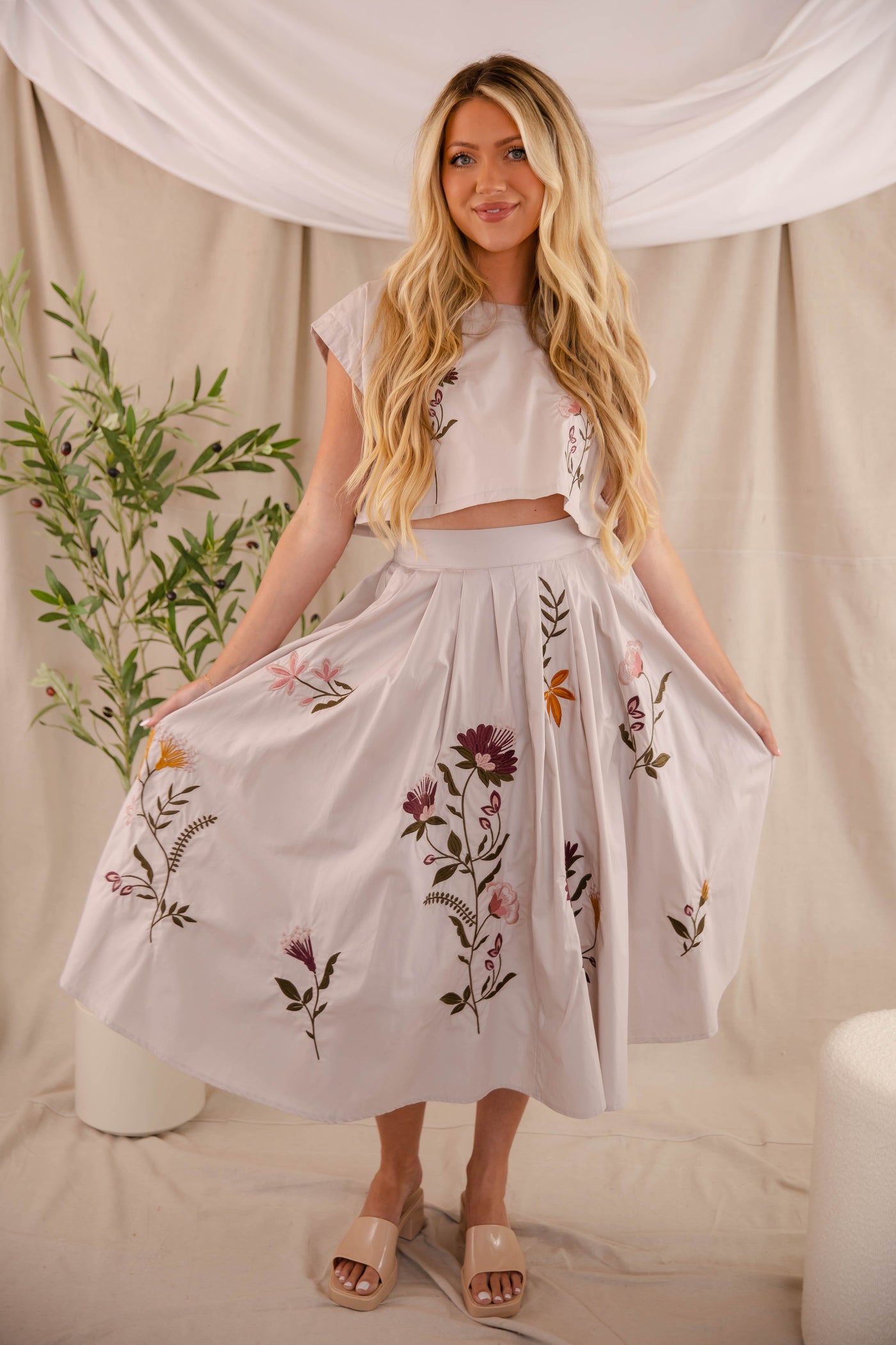 Floral Embroidery Crop Top- Midi Skirt Set- Mable Embroidered Set