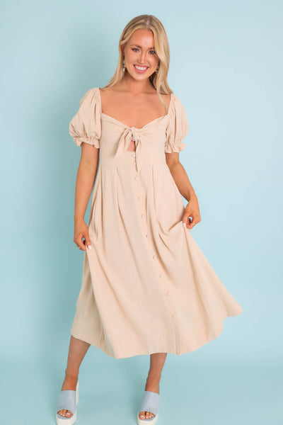 Women's Beige Linen Midi Dress- Pretty Summer Linen Dress- Mable Midi Dresses