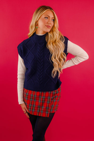 Navy Cable Knit Sweater Vest For Women- Women's Preppy Sweaters- Entro Navy Sweater