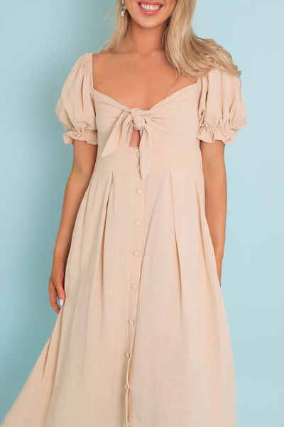 Women's Beige Linen Midi Dress- Pretty Summer Linen Dress- Mable Midi Dresses