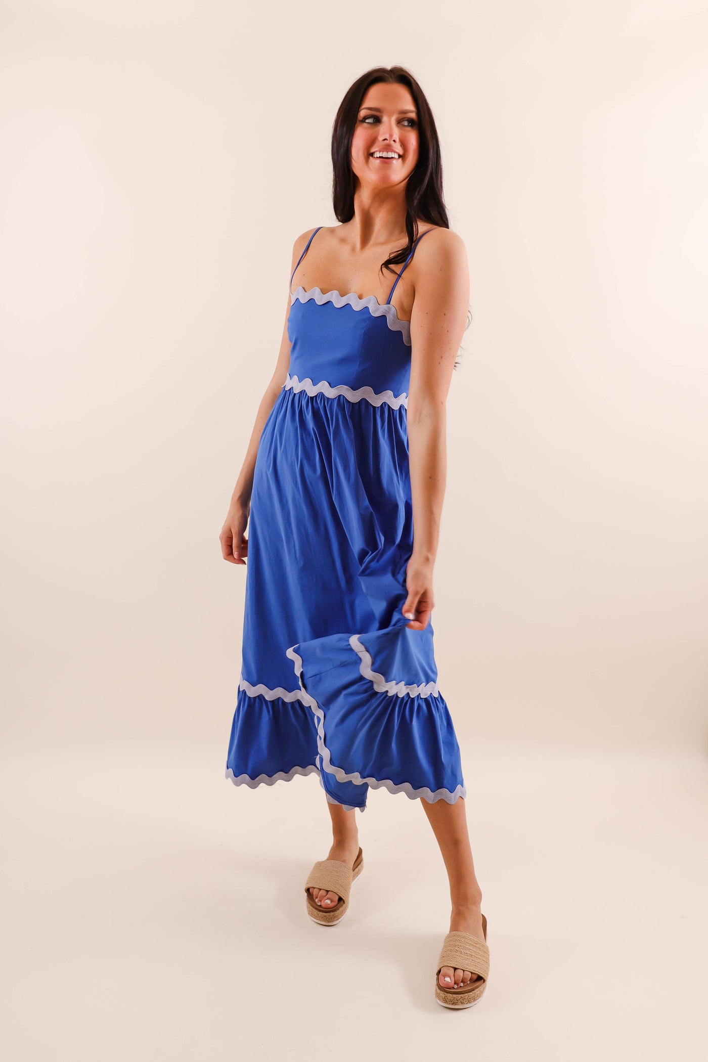 Blue Midi Dress with Rick Rack Trim- Blue Cotton Midi Dress