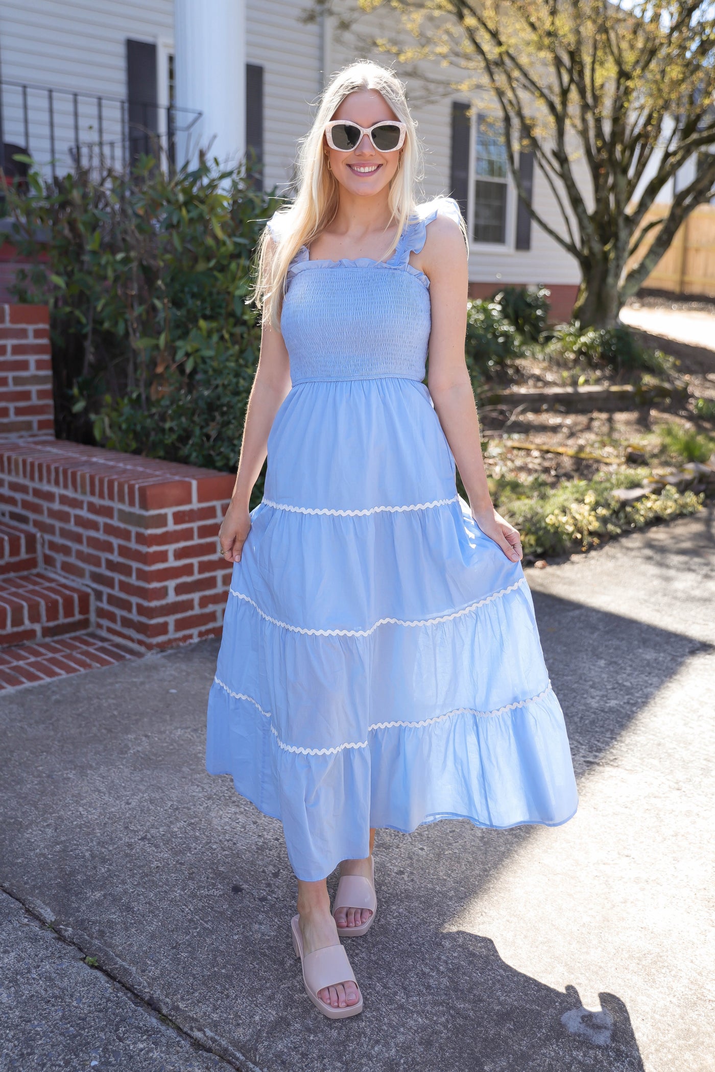 Baby Blue Midi Dress- Women's Ric-Rac Midi Dress- Blue And White Dresses