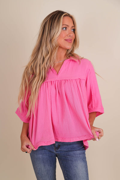 Women's Pink Cotton Top- Women's Relaxed Cotton Blouse- FreePeople Dupe Top