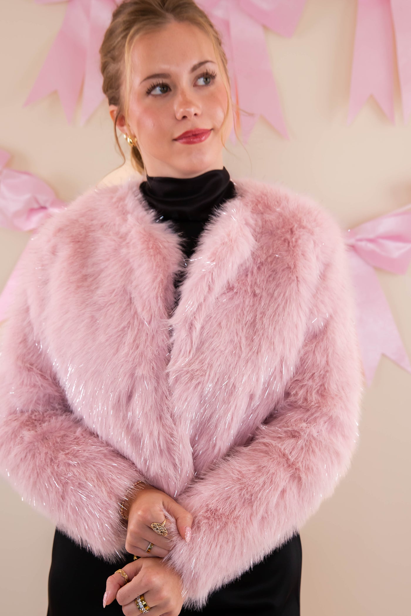 Blush Fur Jacket With Silver Tinsel- Shimmering Pink Fur Jacket- Affordable Fur Jacket