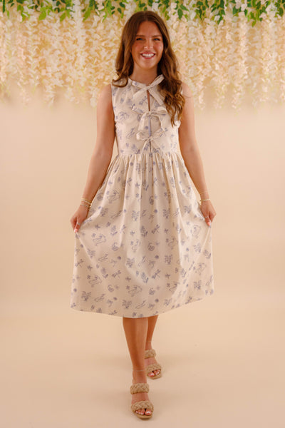 Women's Printed Midi Dress- Bow Tie Front Dress- Aureum Dresses
