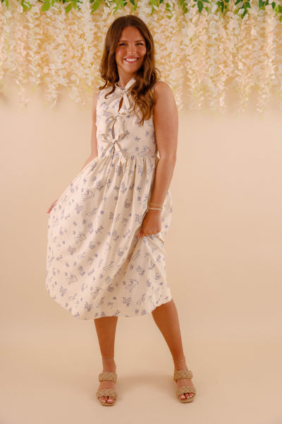 Women's Printed Midi Dress- Bow Tie Front Dress- Aureum Dresses