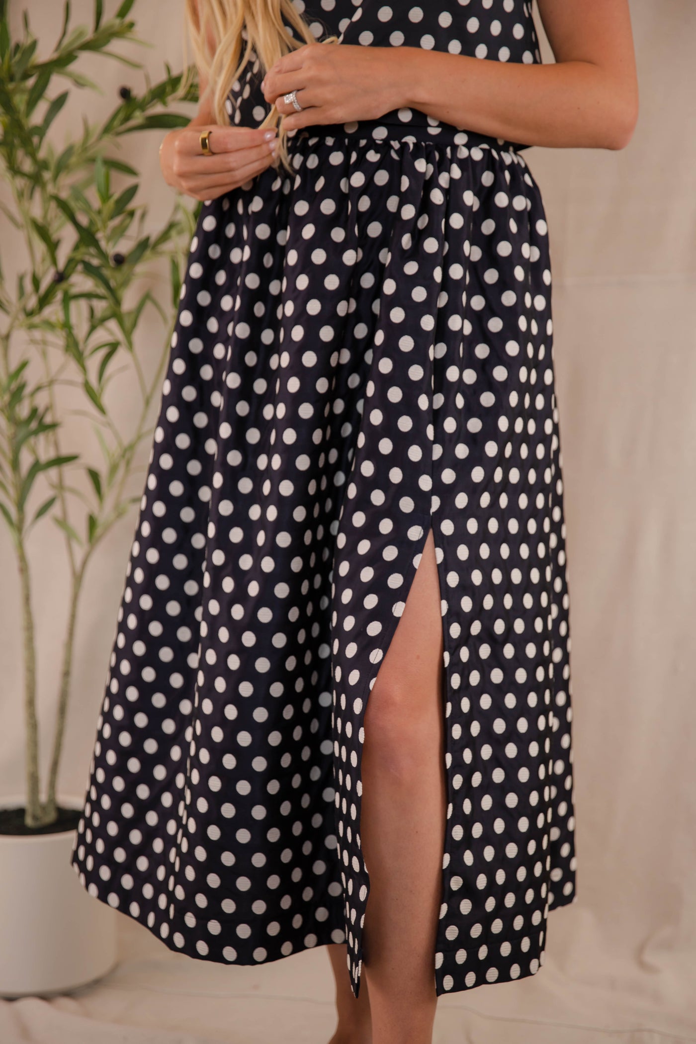 Navy and White Polkadot Skirt- Women's Navy Midi Skirt- Mable Set