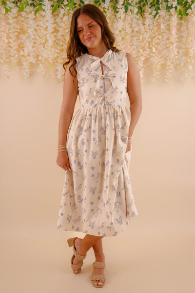 Women's Printed Midi Dress- Bow Tie Front Dress- Aureum Dresses
