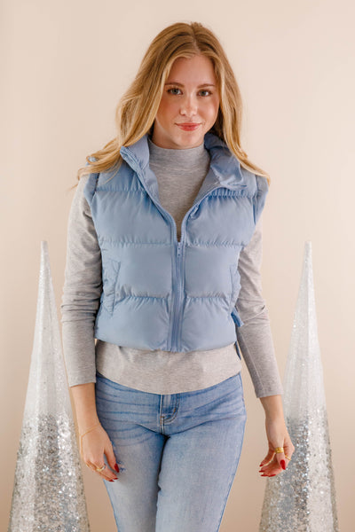 Light Blue Cropped Puffer Vest- Women's Bow Puffer Vest- VeryJ Winter Vest