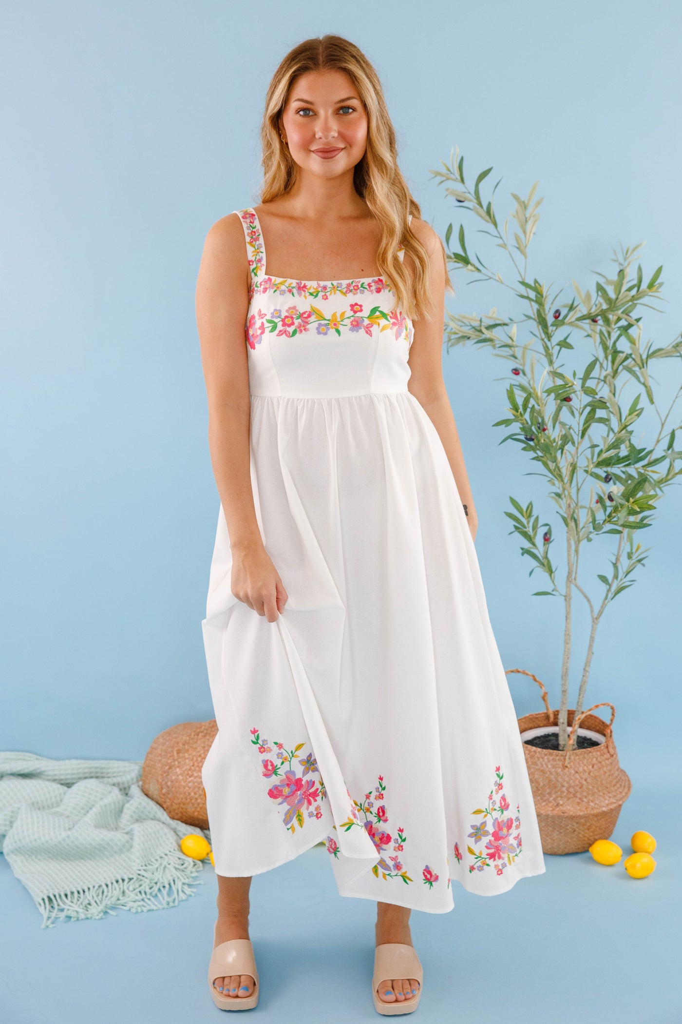 Floral Embroidered Maxi Dress- Women's White Floral Dress- Summer Dresses for Women