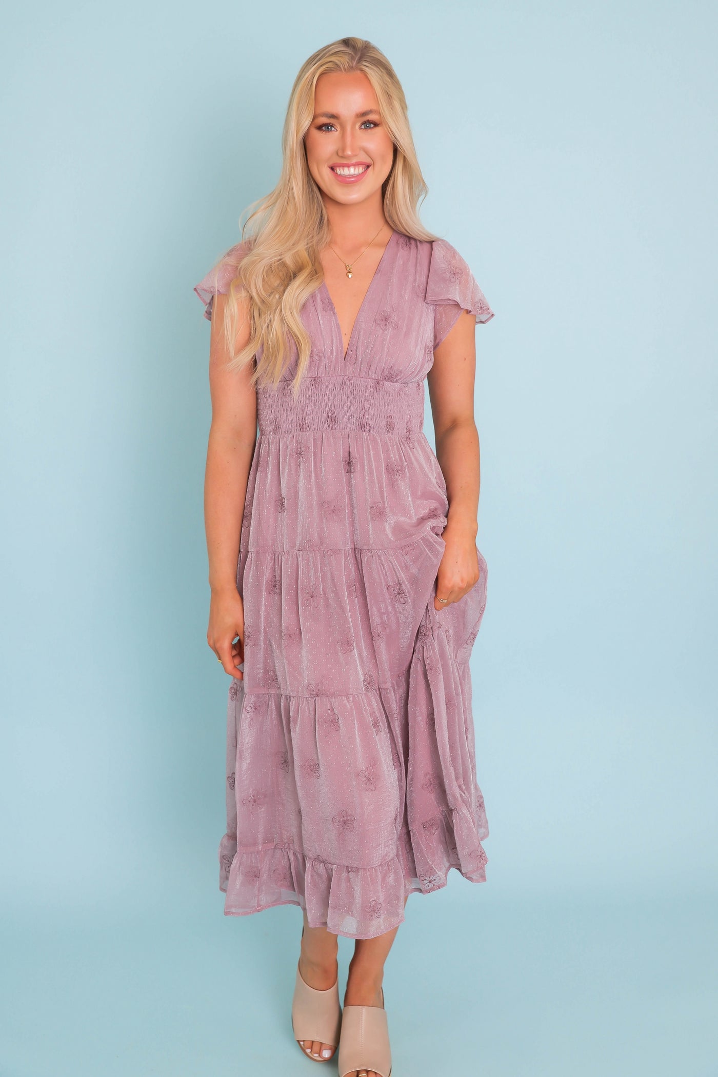 Women's Flower Embroidered Dress- Women's Lilac Shimmer Midi Dress- Listicle Ruffle Midi Dress