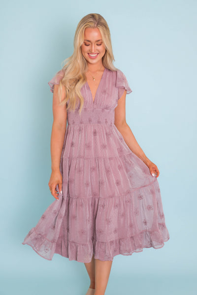 Women's Flower Embroidered Dress- Women's Lilac Shimmer Midi Dress- Listicle Ruffle Midi Dress