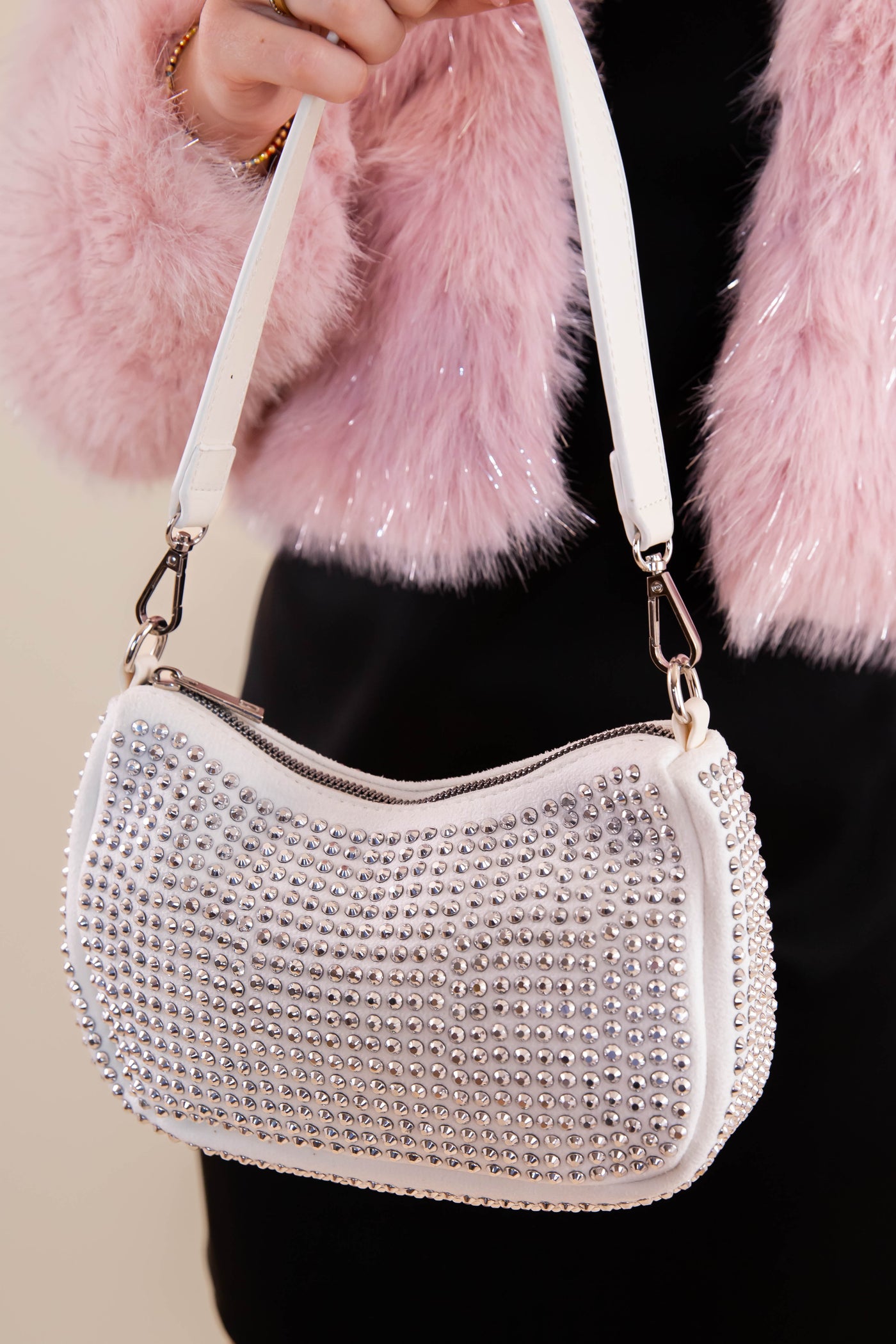 Women's Party Embellished Structured Shoulder Bag- White Rhinestone Shoulder Bag- Designer Inspired Rhinestone Bag