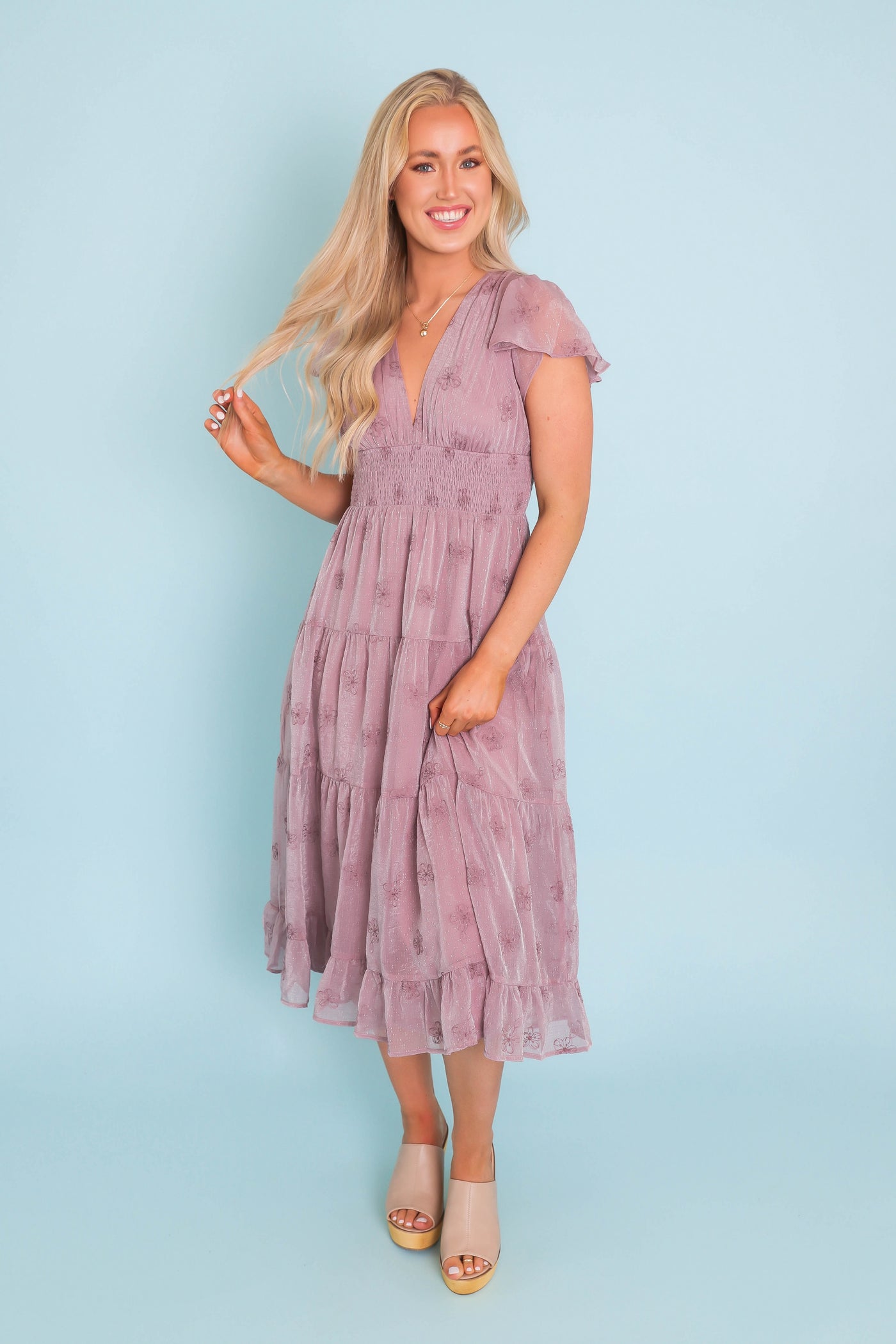 Women's Flower Embroidered Dress- Women's Lilac Shimmer Midi Dress- Listicle Ruffle Midi Dress