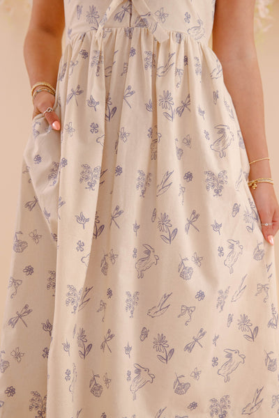 Women's Printed Midi Dress- Bow Tie Front Dress- Aureum Dresses