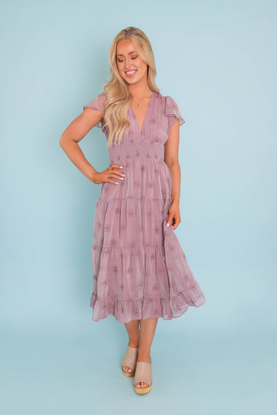 Women's Flower Embroidered Dress- Women's Lilac Shimmer Midi Dress- Listicle Ruffle Midi Dress