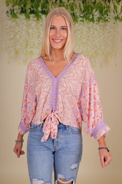 Women's Printed Dolman Blouse- Colorful Front Tie Top- Aakaa Blouse