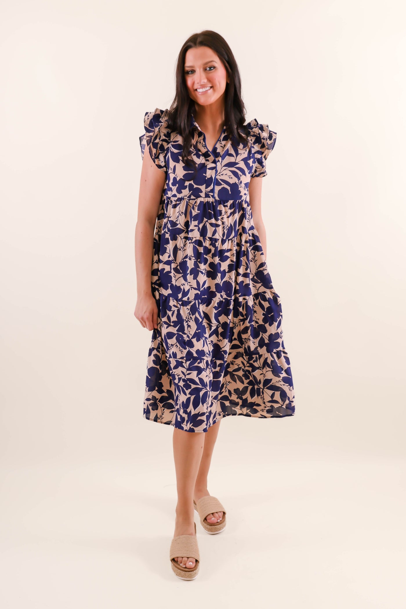 Blue Floral Midi Dress- Women's A-line Midi Dress- Umgee Dresses