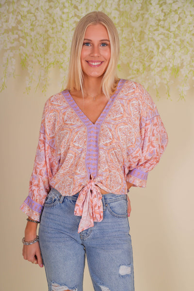 Women's Printed Dolman Blouse- Colorful Front Tie Top- Aakaa Blouse