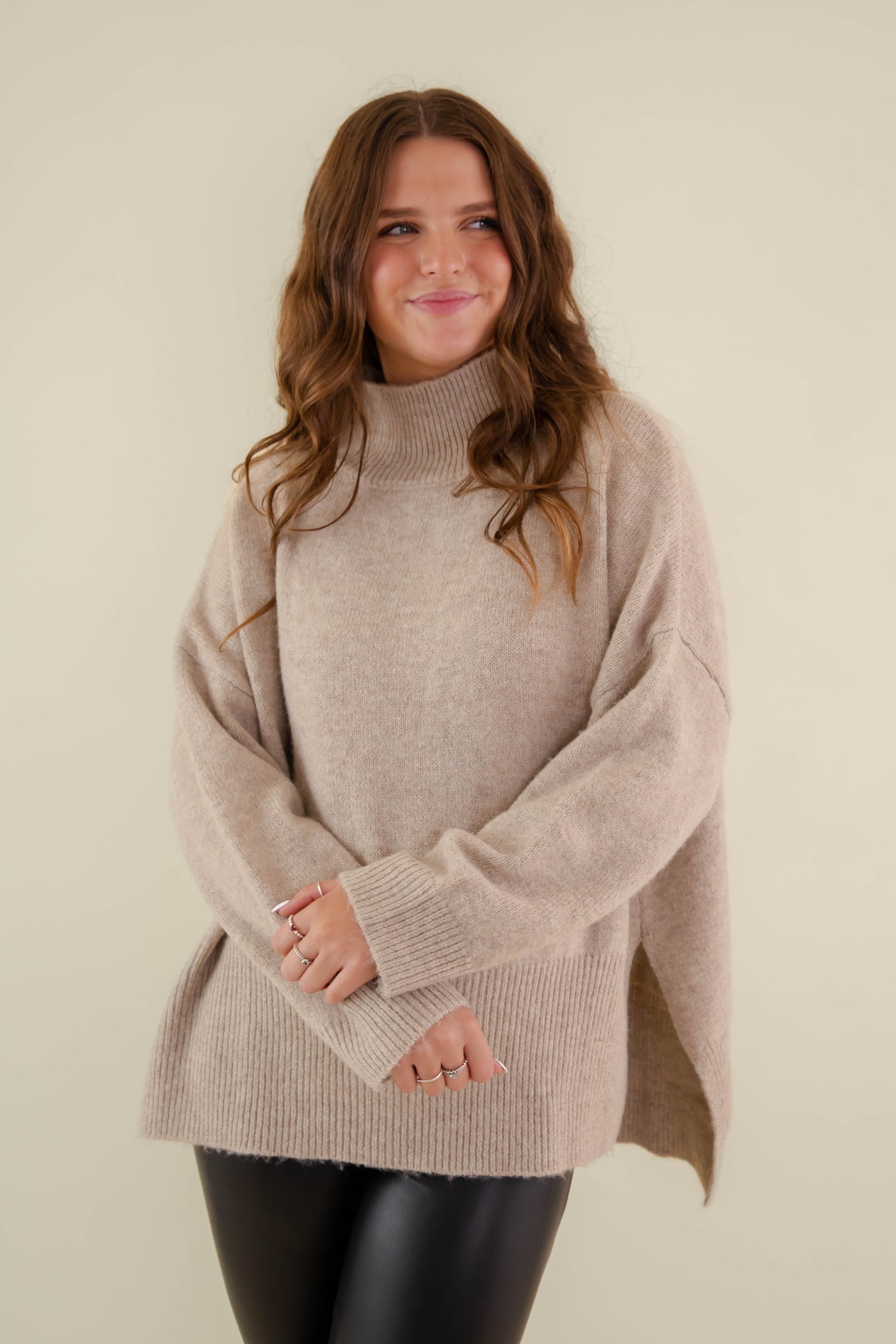 Oversized Taupe Mockneck Sweater- Women's Soft Oversized Sweater- Ribbed Knit Comfy Sweater