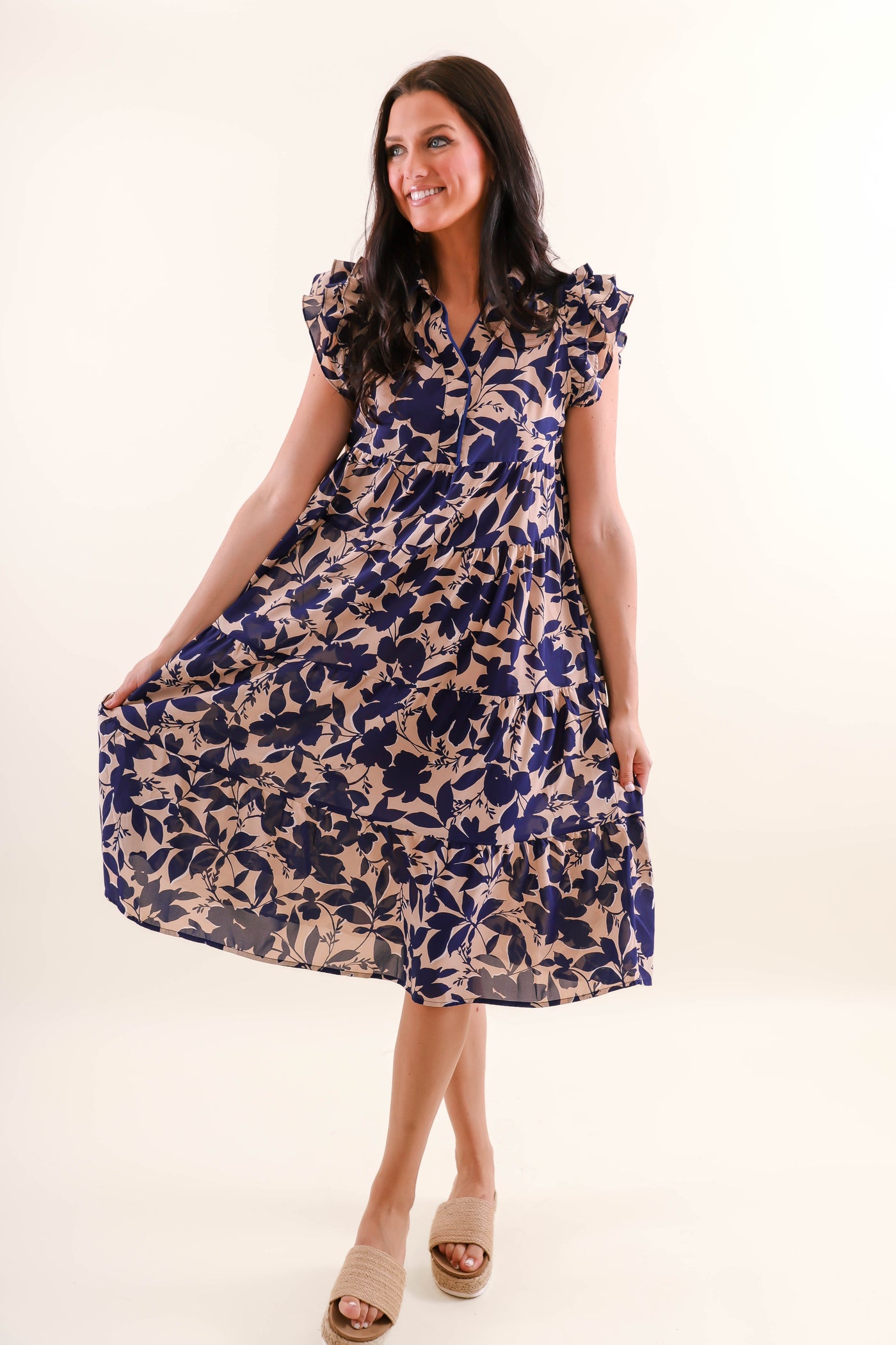 Blue Floral Midi Dress- Women's A-line Midi Dress- Umgee Dresses