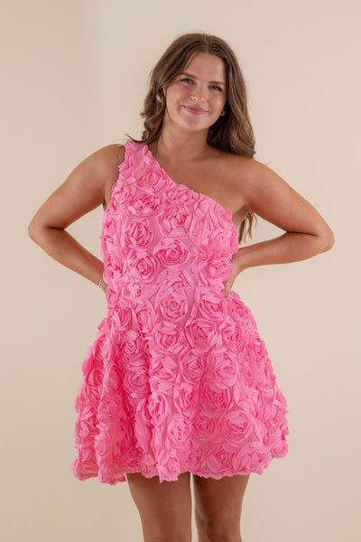 Pink 3D Flower Mini Dress- Women's Fun Party Dress- Rosette Dress