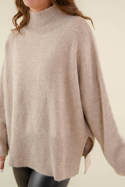 Oversized Taupe Mockneck Sweater- Women's Soft Oversized Sweater- Ribbed Knit Comfy Sweater