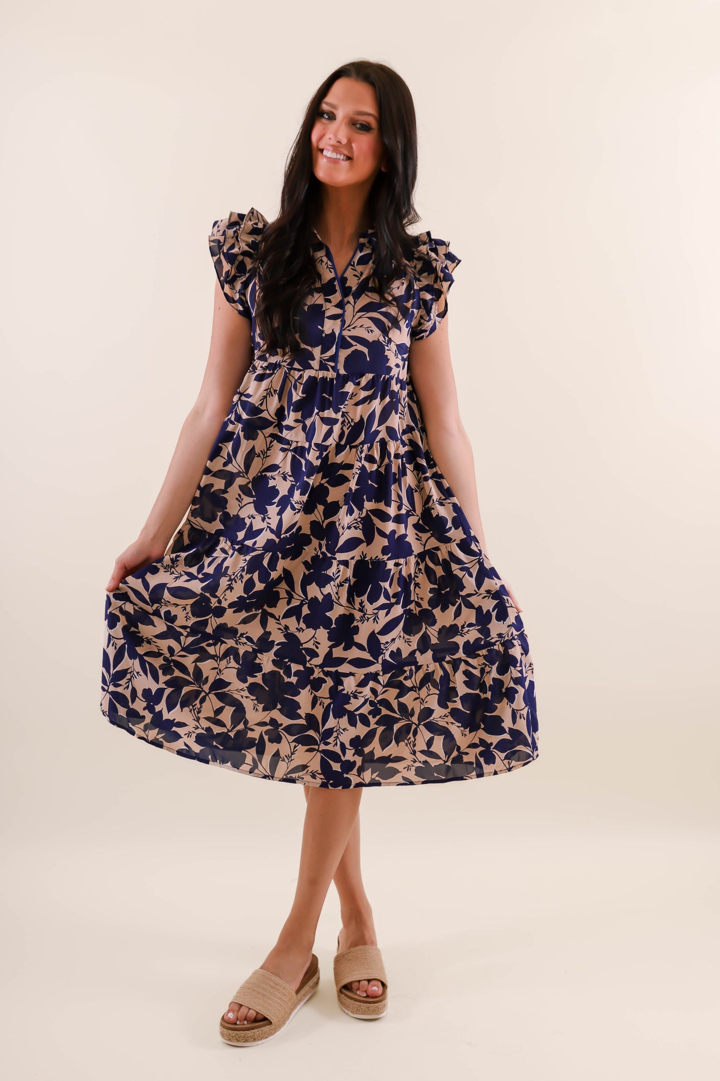 Blue Floral Midi Dress- Women's A-line Midi Dress- Umgee Dresses