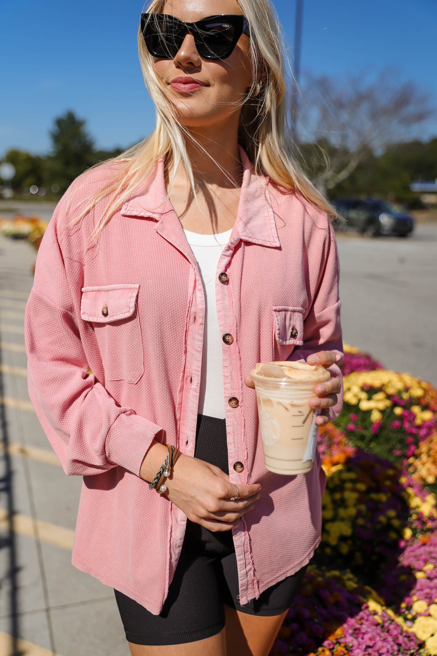 Soft Waffle Knit Top- Women's Distressed Button Down-Women's Light Weight Long Sleeve Top-Blue B Button Down