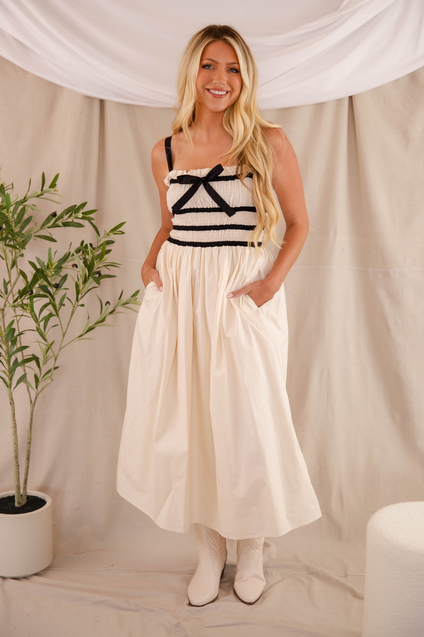 Women's Cream and Black Trimmed Midi Dress- Women's Preppy Dress- Aureum Dress