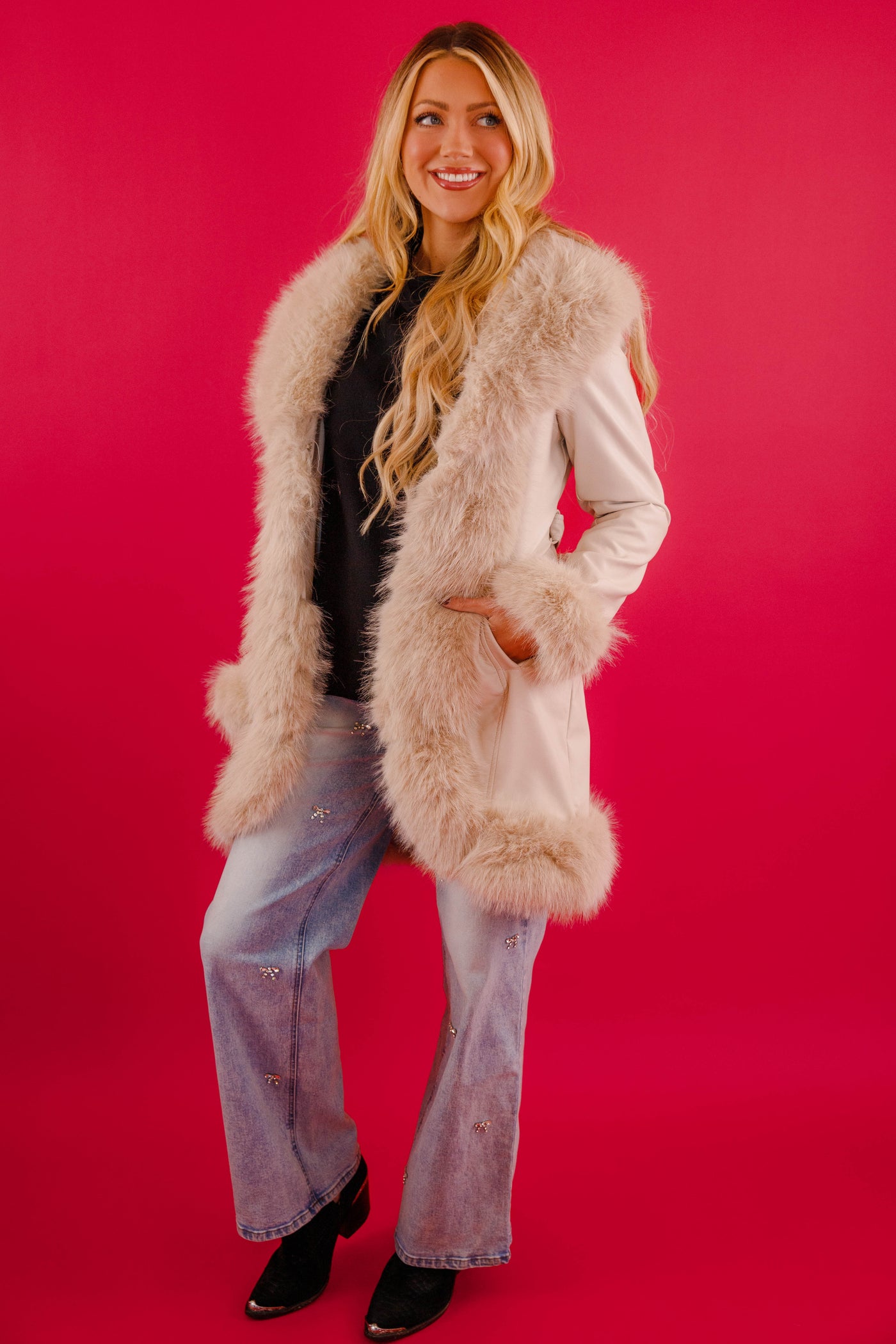 Women's Cream Leather Jacket With Fur Trim- Women's Luxurious Long Coat- Coalition Leather Fur Coat