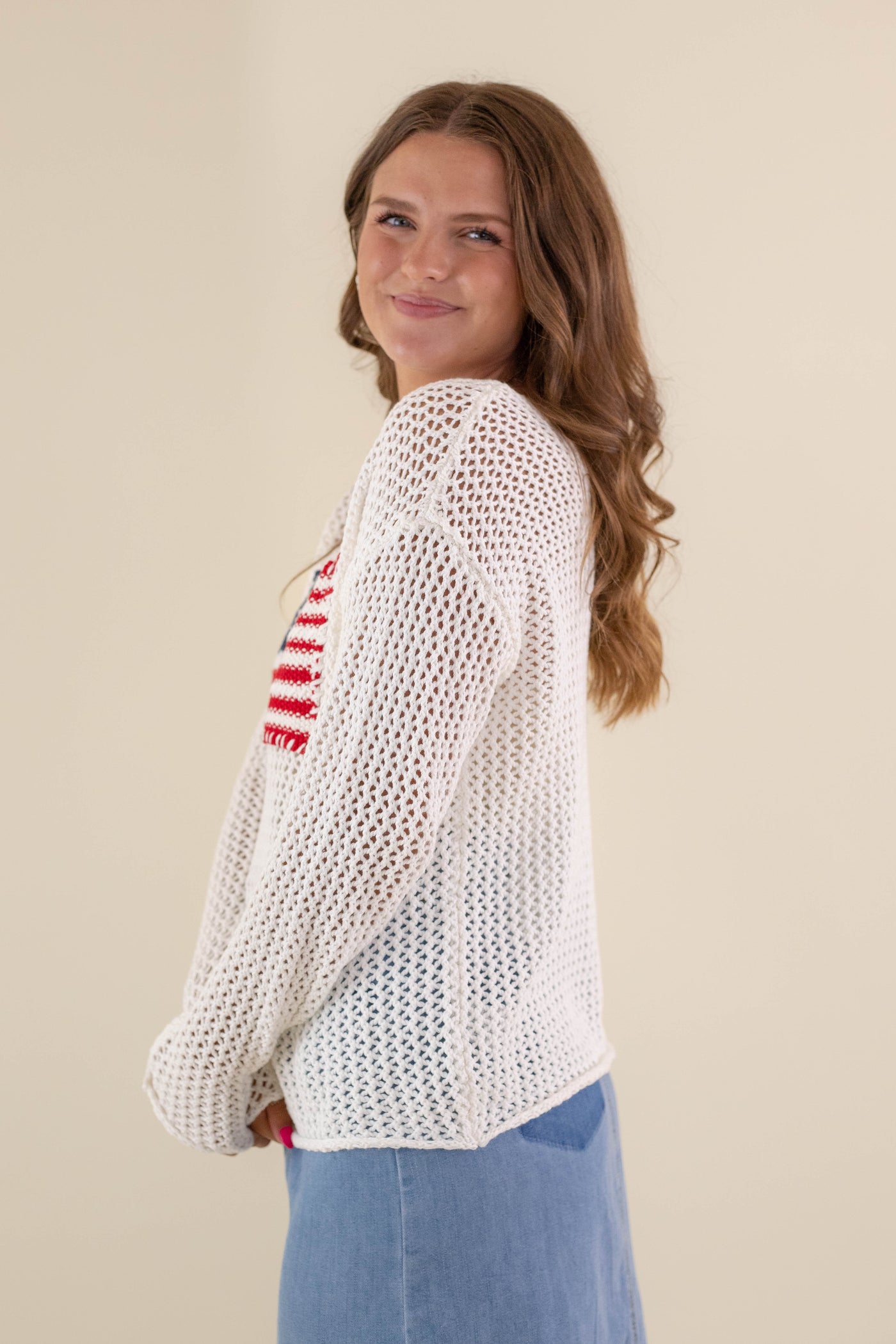Women's American Flag Sweater- White Flag Sweater- Americana Lightweight Sweater