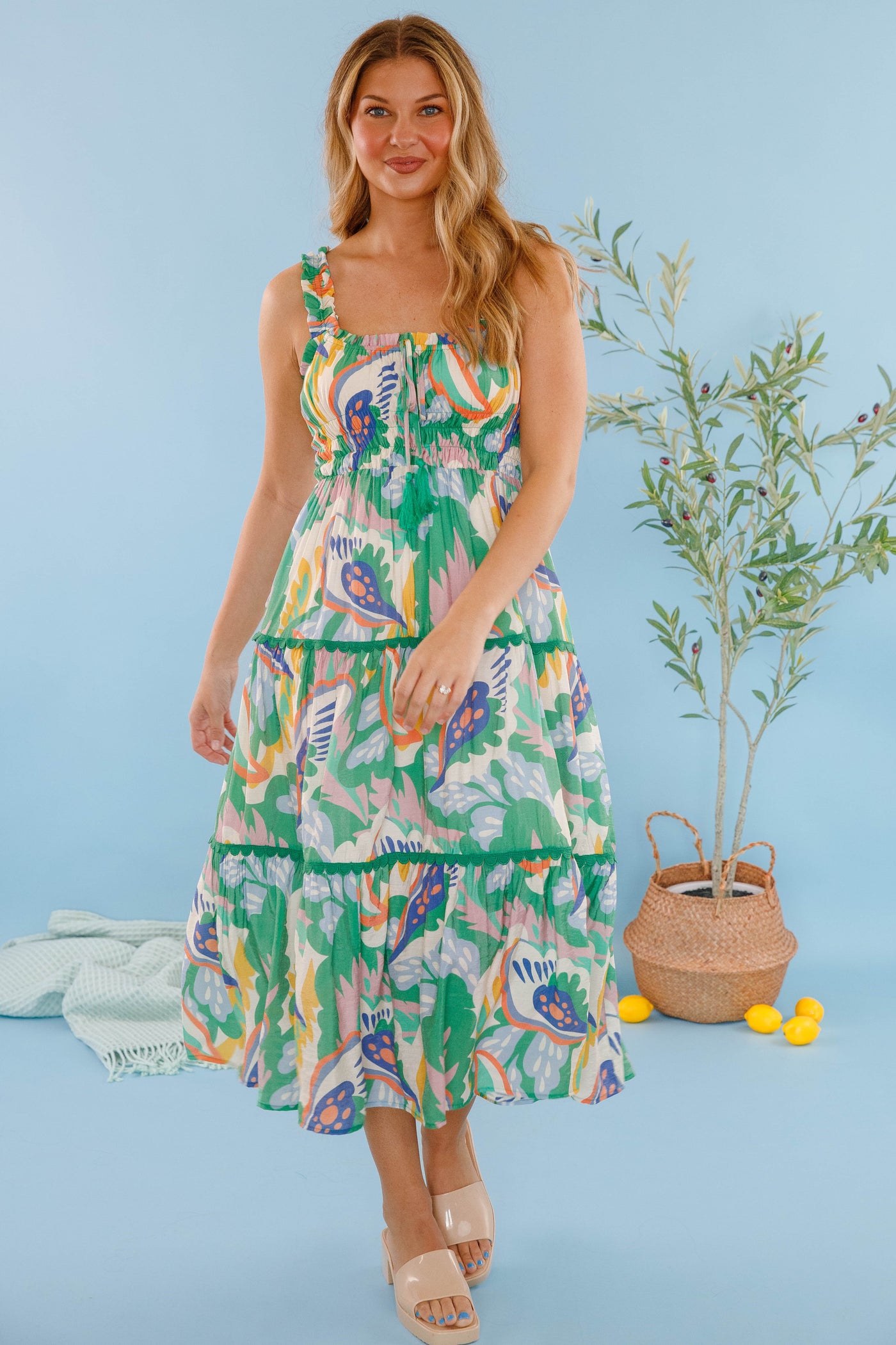 Colorful Bold Print Midi Dress- Women's Vacation Outfits- Tiered Pattern Midi Dress