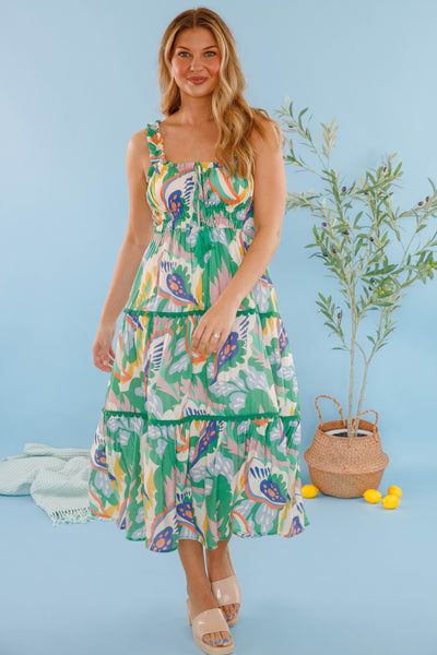 Colorful Bold Print Midi Dress- Women's Vacation Outfits- Tiered Pattern Midi Dress