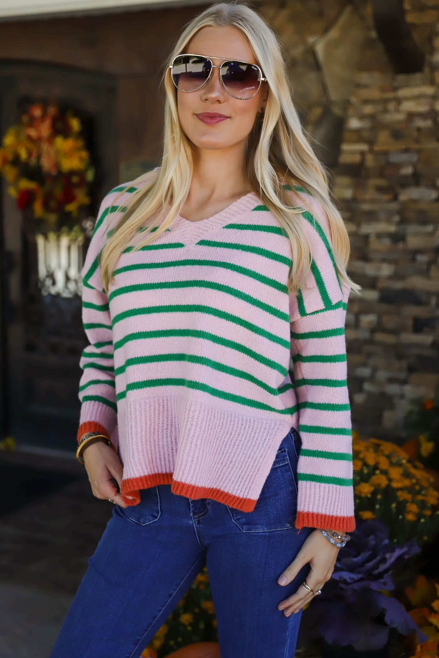 Women's Pink And Green Stripe Sweater- Preppy Stripe Sweater- Women's Trendy Sweaters