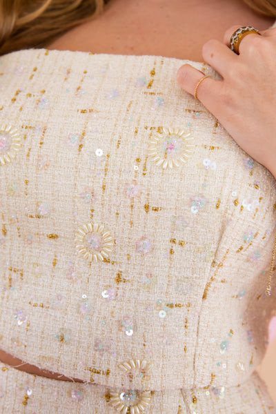 Ivory Tweed Matching Set- Ivory Beaded and Sequin Matching Set- Mable Ivory Tweed Set