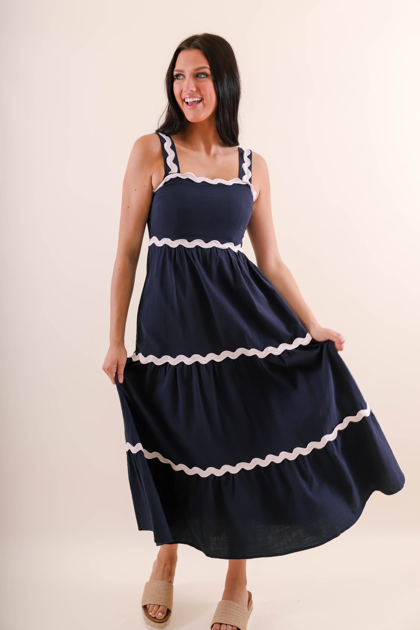 Navy and White Ric-Rac Maxi Dress- Women's Summer Maxi Dresses- She + Sky Maxi Dress