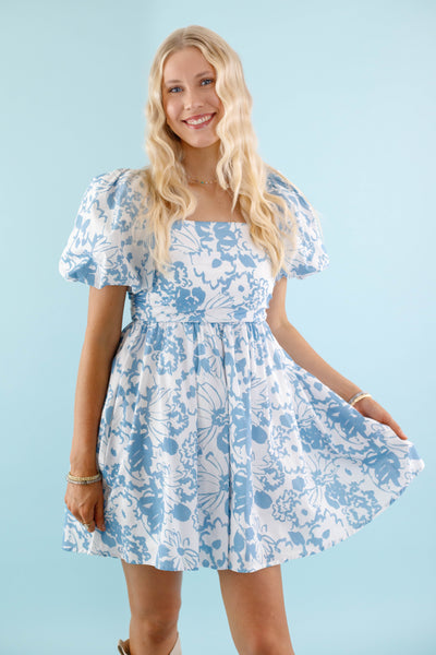 Women's White and Blue Floral Dress - High Quality Cotton Floral Dress - Puffed Sleeve Dress by Aureum