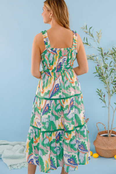 Colorful Bold Print Midi Dress- Women's Vacation Outfits- Tiered Pattern Midi Dress