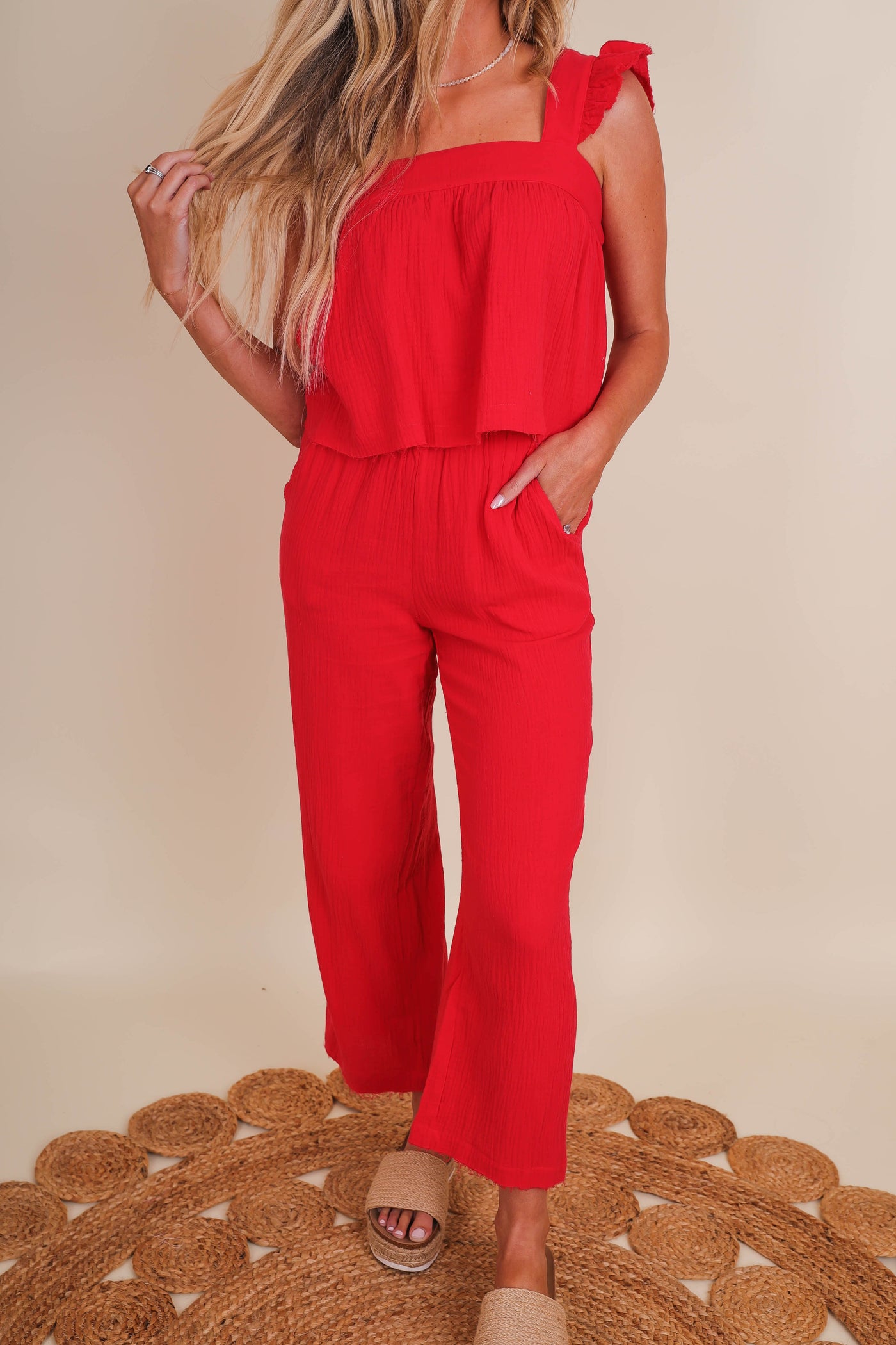 Women's Red Cotton Pants- Gauzy Pants For Women- Women's Gauzy Cotton Two Piece Set