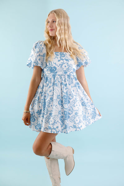 Women's White and Blue Floral Dress - High Quality Cotton Floral Dress - Puffed Sleeve Dress by Aureum