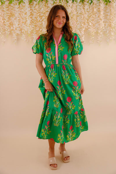 Women's Green Printed Dress- THML Midi Dress- Women's Anthro Midi Dress