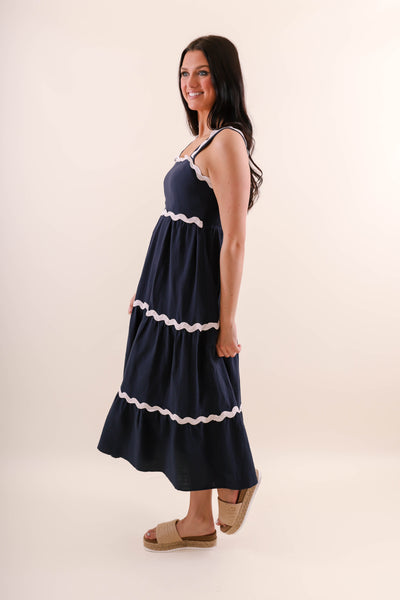 Navy and White Ric-Rac Maxi Dress- Women's Summer Maxi Dresses- She + Sky Maxi Dress