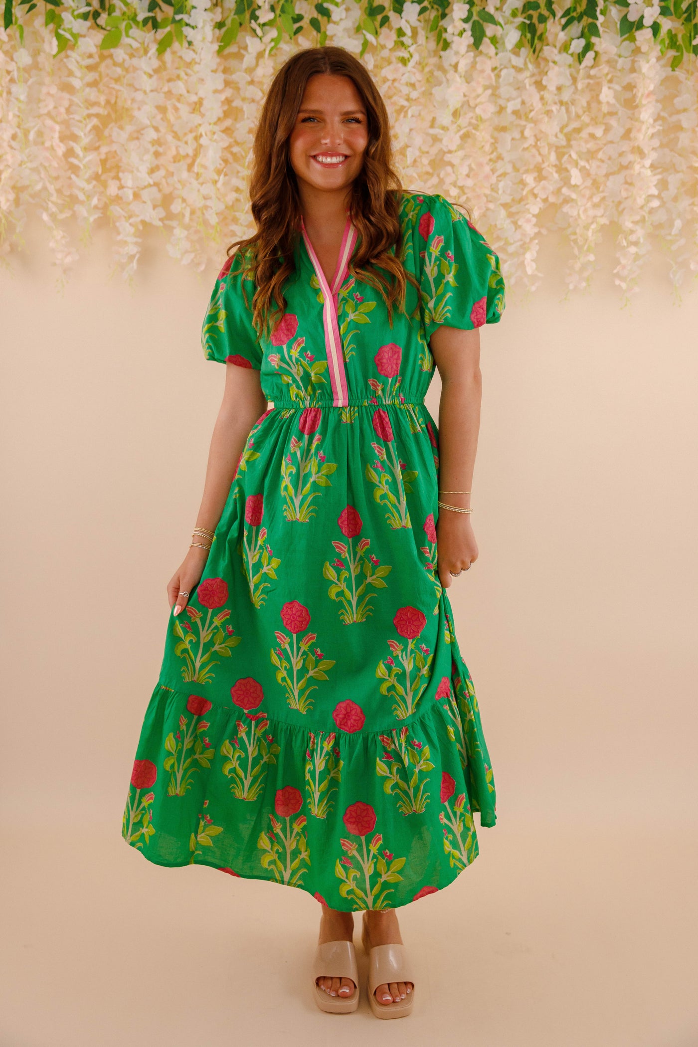 Women's Green Printed Dress- THML Midi Dress- Women's Anthro Midi Dress
