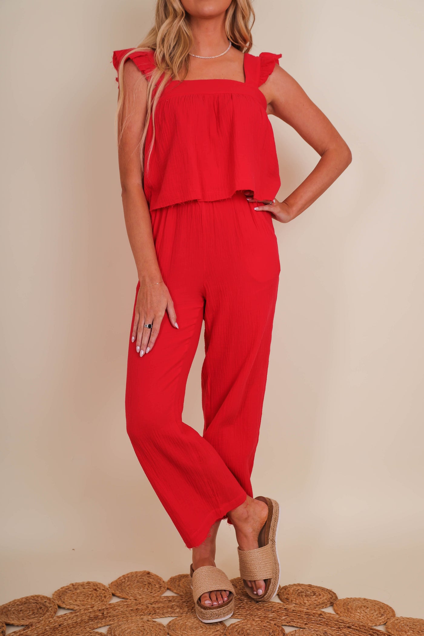 Women's Red Cotton Pants- Gauzy Pants For Women- Women's Gauzy Cotton Two Piece Set